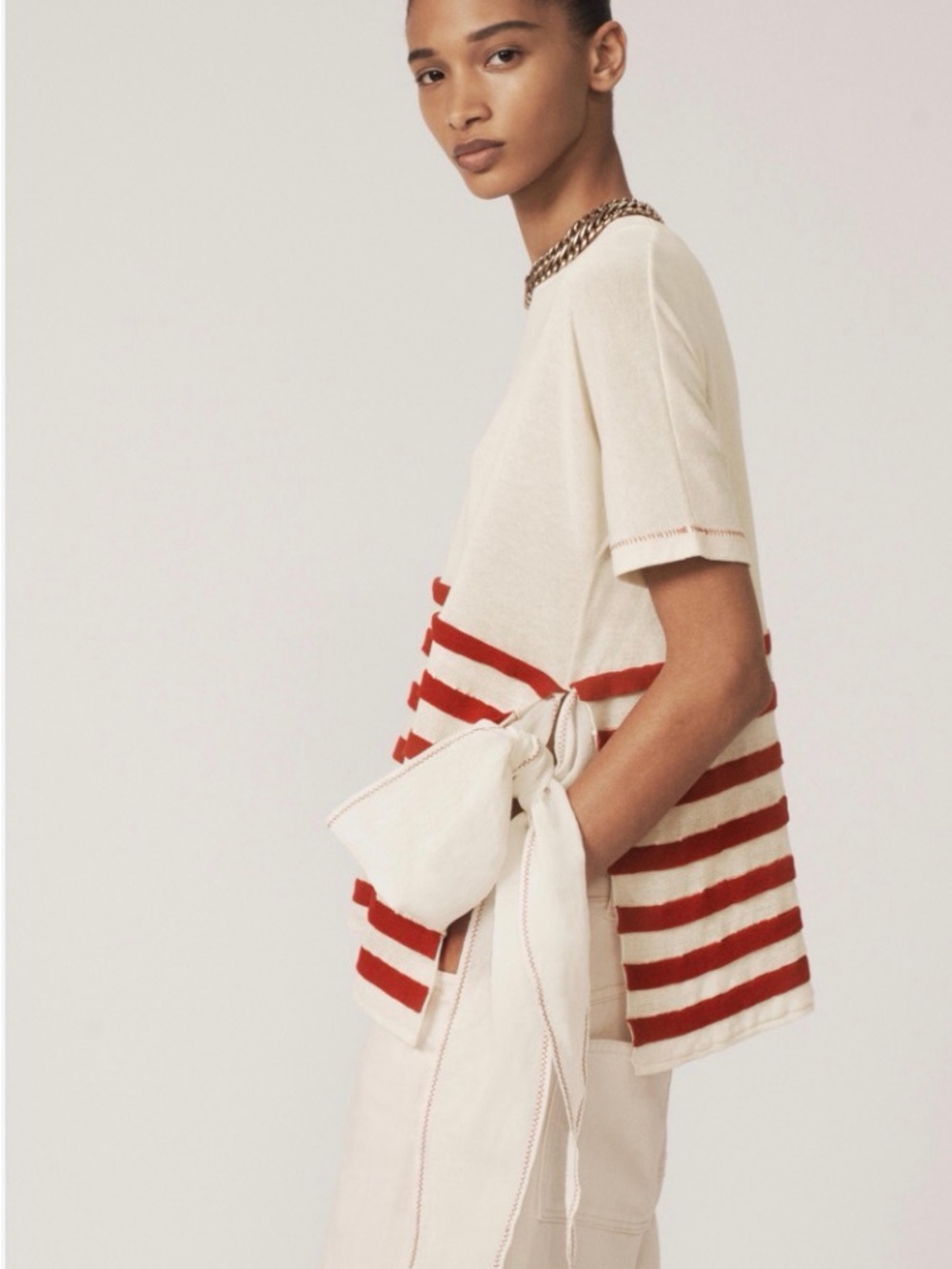Zara Cream Top with Red Stripes and Side Tie linen cotton blend